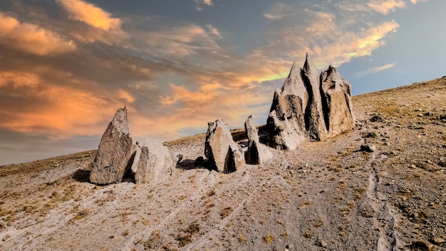 Dragons teeth valley Incredibly beautiful aerial view landscape with orange clouds Russia