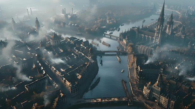 Dramatic Aerial View of a Bustling Metropolitan Cityscape with Towering Skyscrapers and Bridges