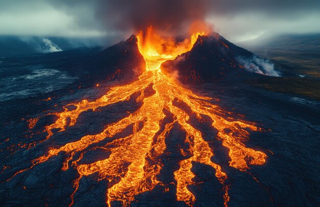 Dramatic aerial view of glowing lava flow from an erupting volcano in Iceland at night