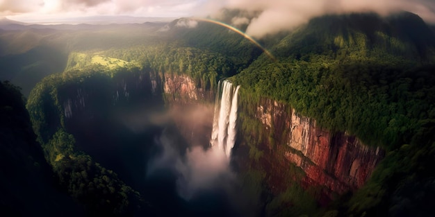 Dramatic aerial view of a majestic waterfall cascading down a steep cliff surrounded by lush vegetation and misty rainbows in the spray Generative AI