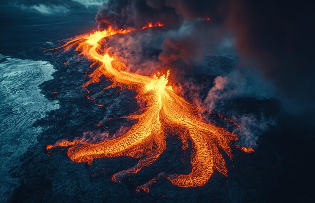 Dramatic aerial view of a massive lava flow from an erupting volcano in Iceland at night