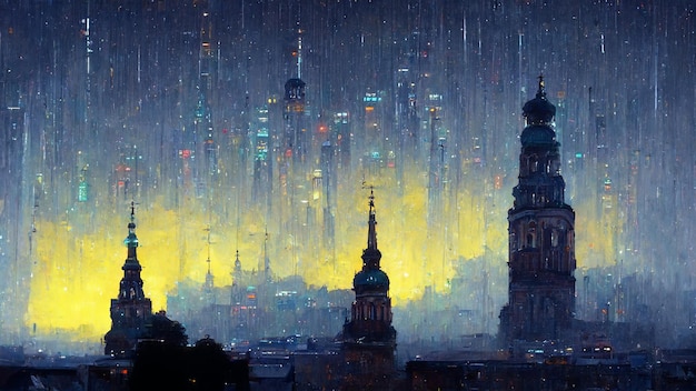 Dramatic ancient city with futuristic at rainy night landscape background digital art style