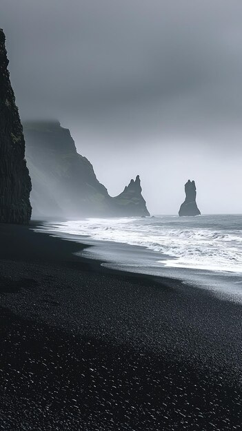 Photo a dramatic black sand beach in iceland with stormy sky and waves crashing on shore scene is powerful and evokes sense of awe and solitude