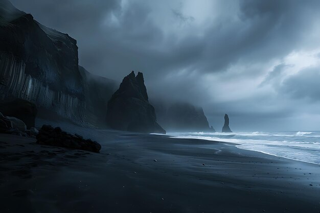 Photo dramatic black sand beach and rocky cliffs under a cloudy sky