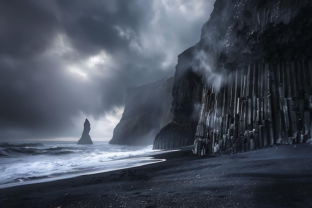 Dramatic Black Sand Beach with Basalt Columns and Stormy Sky