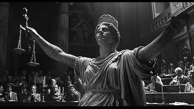 Photo a dramatic black and white photo of a statue of lady justice the scales of justice in her hand with a crowd watching from below