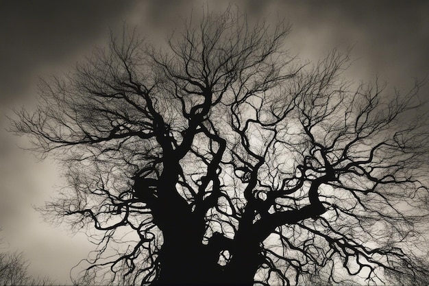 A dramatic black and white tree landscape