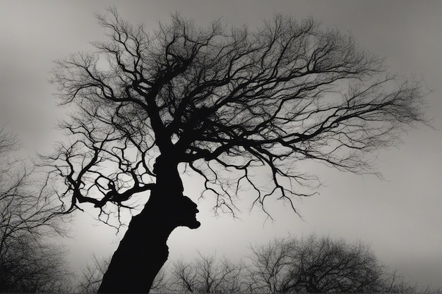 A dramatic black and white tree landscape