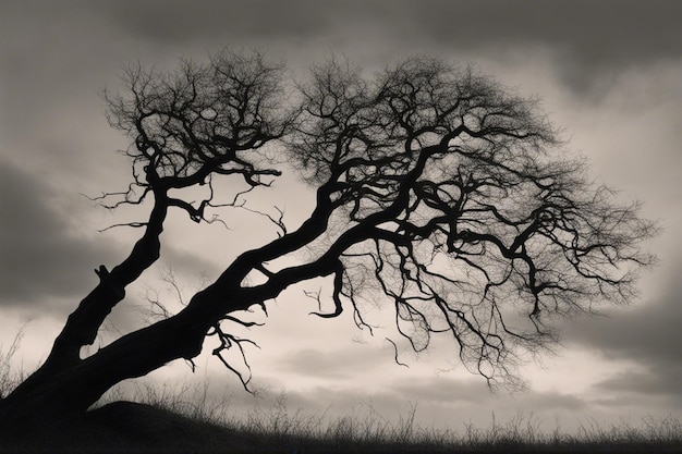 A dramatic black and white tree landscape