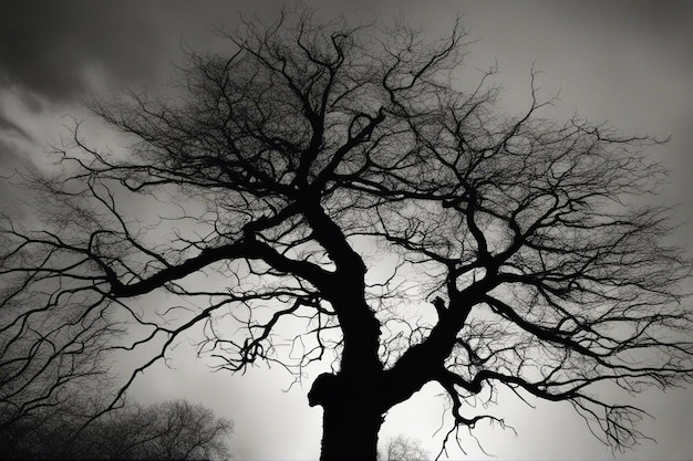 A dramatic black and white tree landscape