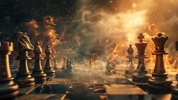 Dramatic chess pieces on fire with a dark background and glowing light The concept of strategy competition and risk