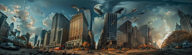 Photo dramatic cityscape under attack with explosions futuristic aircraft and chaos in the streets depicting a cinematic scifi invasion scene