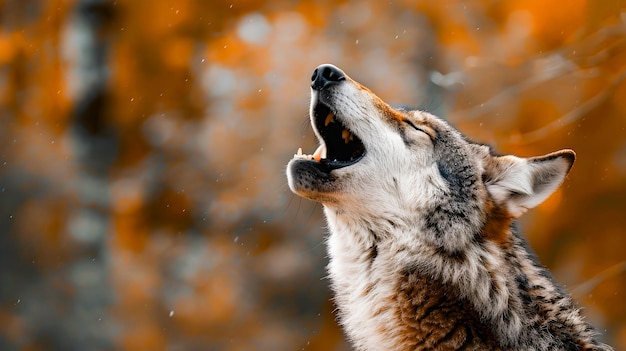 Photo dramatic close up shot of a gray wolf howling against a moody atmospheric autumn forest landscape at night the wolf s silhouette is illuminated by the soft glow of moonlight creating a powerful