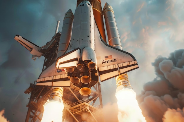 Dramatic closeup of space shuttle during launch with detailed structures