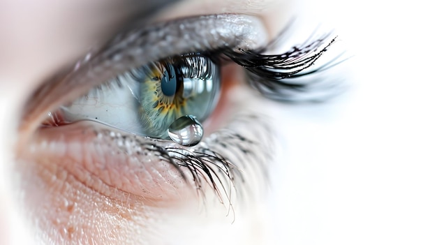 Dramatic CloseUp of TearFilled Eye on White Background