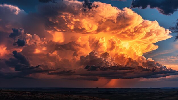 Dramatic clouds illuminated by the setting sun as a thunderstorm approaches casting an eerie orange glow over the landscape