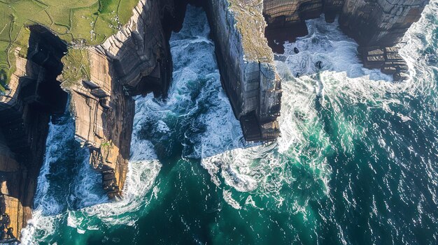 Photo dramatic coastal cliffs towering over turquoise waters on a bright sunny day