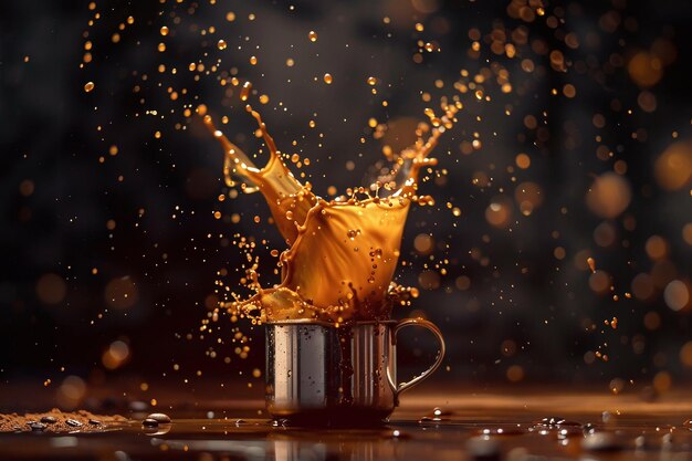 Photo dramatic coffee splash in black mug highspeed dynamic beverage photography with dark background