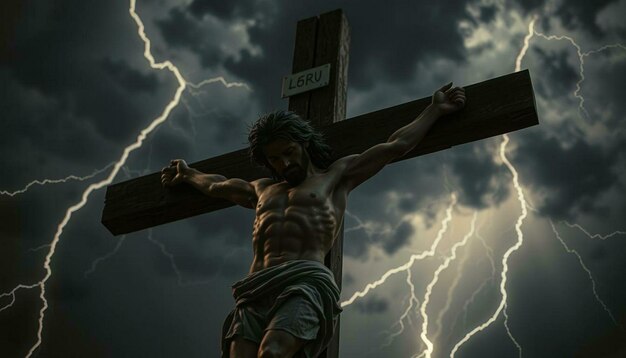 Photo dramatic crucifixion of jesus under stormy skies with lightning strikes