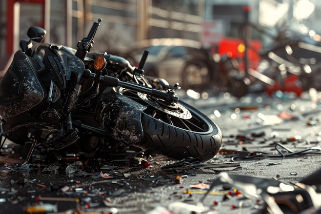 Dramatic Daylight Motorcycle Crash in Parking Lot with Visible Debris