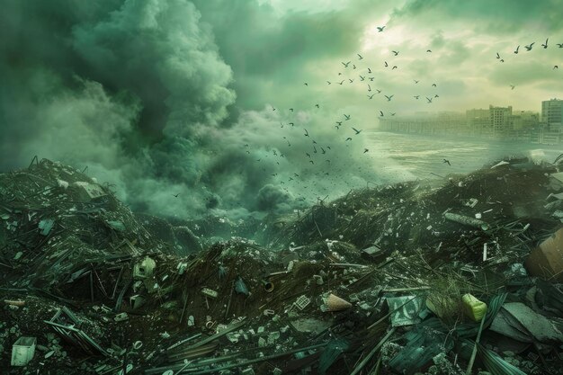 Photo dramatic depiction of a coastal city overwhelmed by pollution and waste with dark skies and flying birds