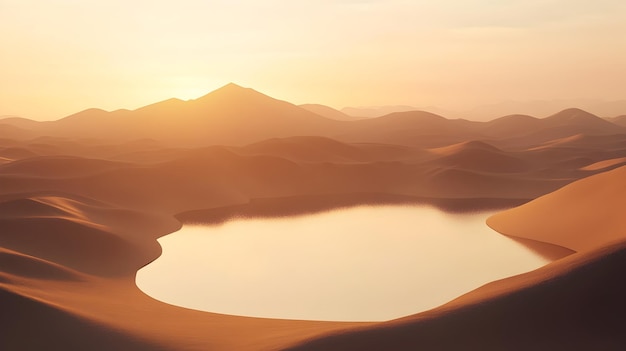 Dramatic Desert Landscape with Mountainous Dunes and Tranquil Lake at Sunset