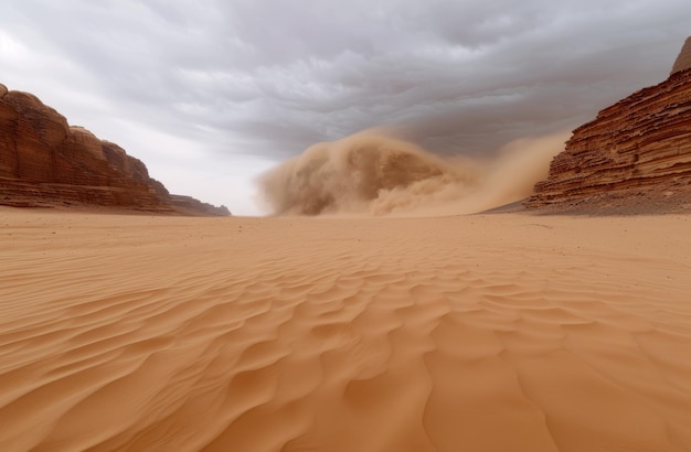 Dramatic desert storm in arid landscape