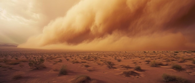 A dramatic desert storm sweeps across the landscape its overwhelming presence dwarfing the sparse vegetation beneath