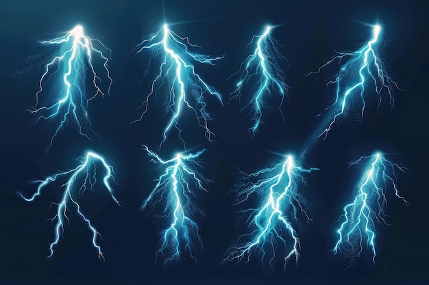 A dramatic display of lightning flashes illuminating a dark blue background ideal for use in weather or scifi themed designs