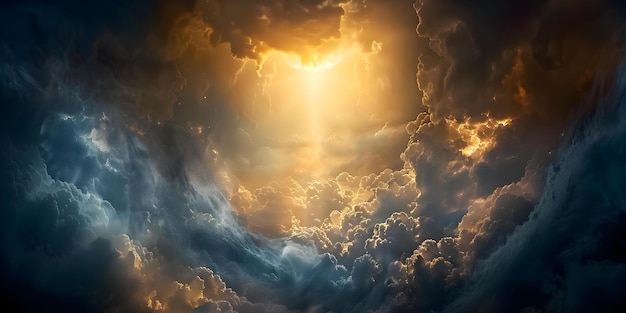 Dramatic divine light through clouds symbolizing Judgement Day in apocalyptic sky Concept Apocalyptic Sky Divine Light Judgement Day Dramatic Symbolism Clouds