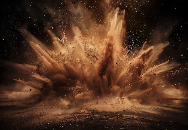 Dramatic dust explosion with brown particles against a black background