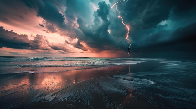 Photo dramatic dutch angle shot of stormy seascape with lightning in high fidelityglenum