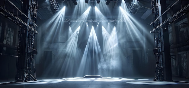 Dramatic Empty Stage with Spotlights Beaming Down from Above in a Dark Theater