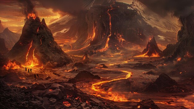 Photo dramatic fantasy landscape with lava rivers and escaping individuals