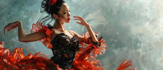 Photo dramatic flamenco dance pose by asian woman