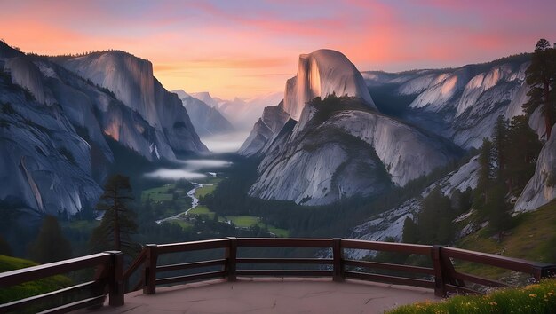 Photo dramatic foggy sunrise over yosemites majestic cliffs