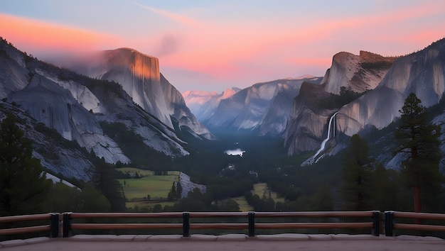 Photo dramatic foggy sunrise over yosemites majestic cliffs