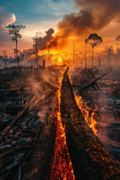 Dramatic Forest Fire at Sunset with Burning Trees and Smoke in the Sky