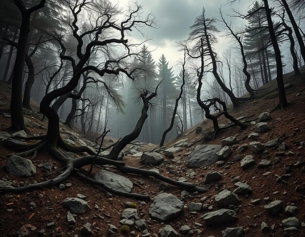 Photo a dramatic forest scene with rugged terrain twisted trees and scattered rocks