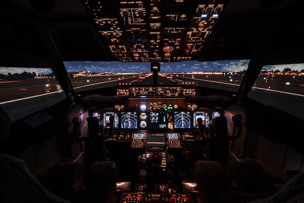 Dramatic Full view of cockpit modern Boeing aircraft before take-off.