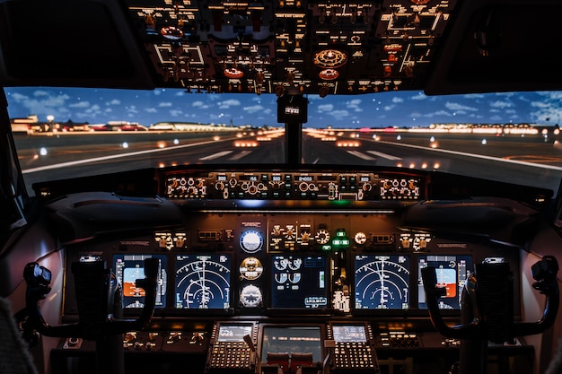 Dramatic Full view of cockpit modern Boeing aircraft before take-off.