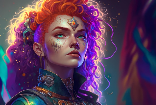 Dramatic game character portrait with colorful hair illustration generative ai