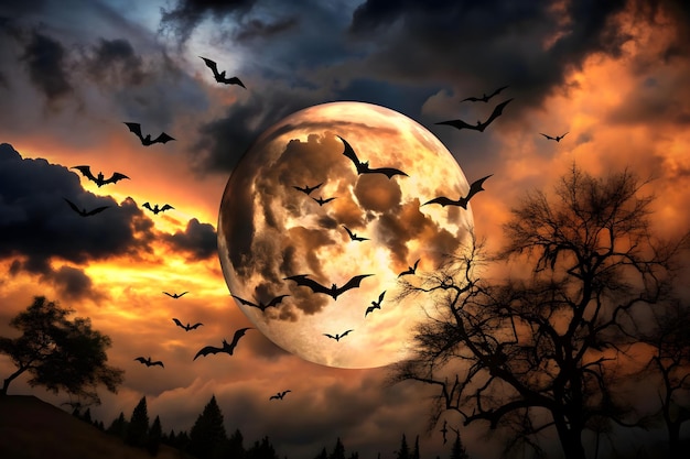 Dramatic Halloween sky with full moon and bats silhouette