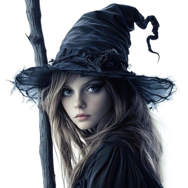 Dramatic Halloween Witch with Broomstick and Crooked Hat on Isolated White Background