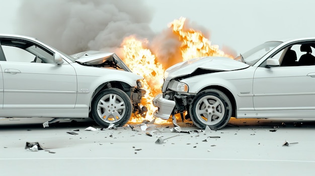 Photo dramatic head on car crash with fiery wreckage on white background