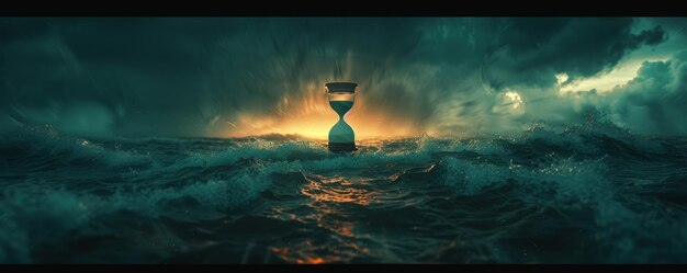 Photo dramatic hourglass in stormy ocean at sunset symbolizing time and natures power