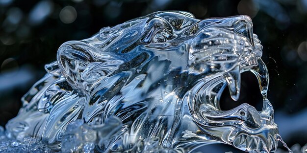 Dramatic Ice Sculpture of a Roaring Lion Macro