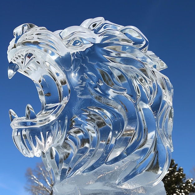 A dramatic ice sculpture of a roaring lion