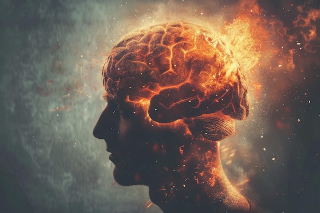 Dramatic illustration of a brain with fiery elements symbolizing intense creativity innovation and