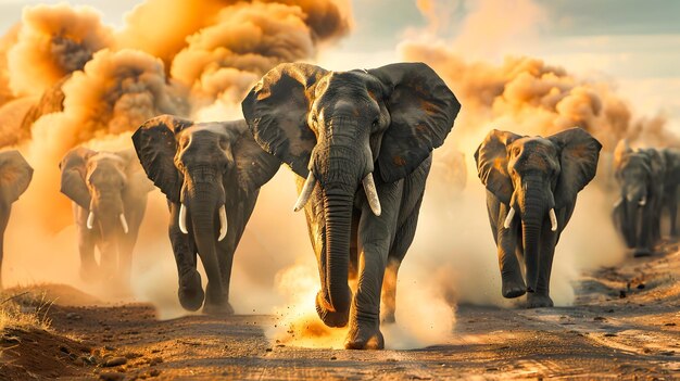 Photo dramatic image of a large herd of african elephants charging through a dusty smoky landscape on a dirt road the elephants are thundering forward kicking up clouds of dust